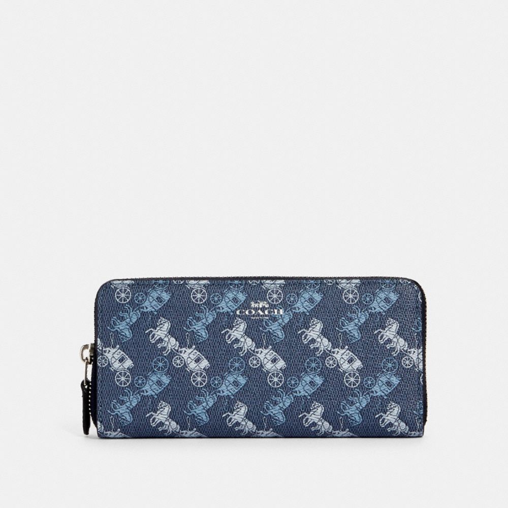 COACH 531 SLIM ACCORDION ZIP WALLET WITH HORSE AND CARRIAGE PRINT SV/INDIGO PALE BLUE MULTI