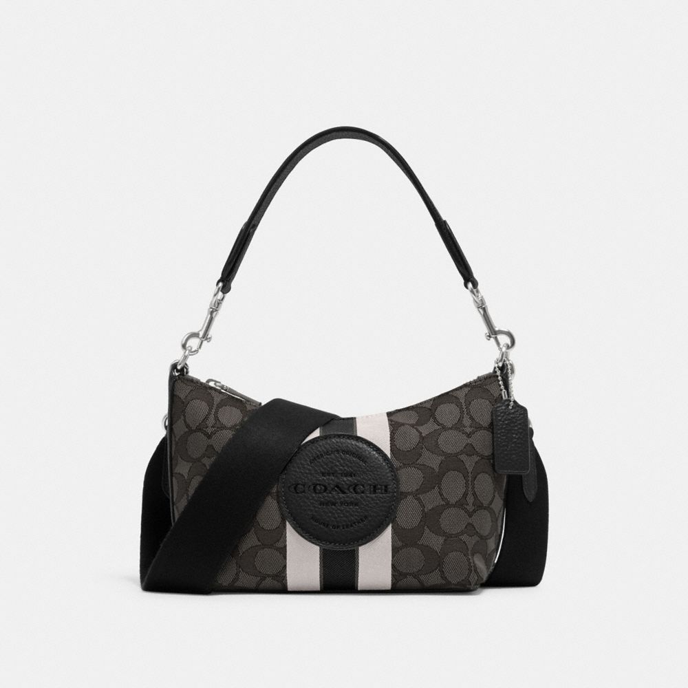 COACH 5483 Dempsey Shoulder Bag In Signature Jacquard With Stripe And Patch SV/BLACK SMOKE BLACK MULTI