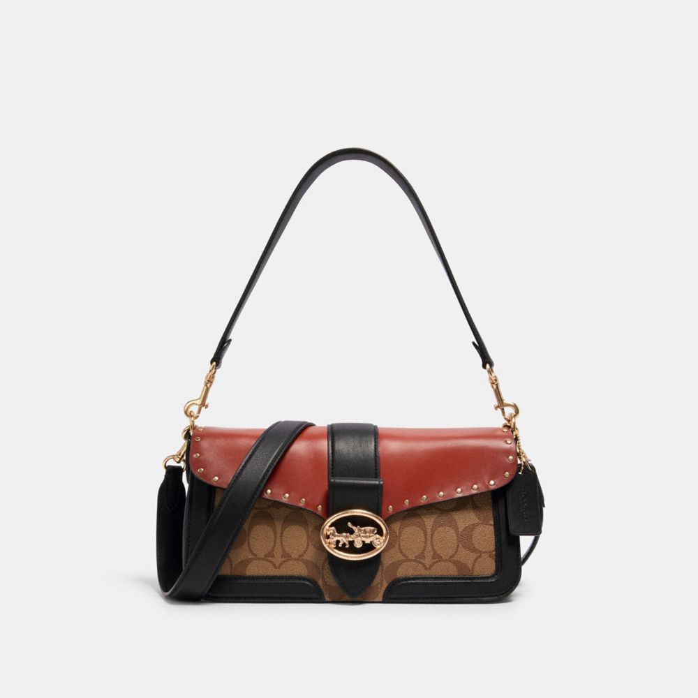 GEORGIE SHOULDER BAG IN COLORBLOCK SIGNATURE CANVAS WITH RIVETS - 5605 - IM/KHAKI/TERRACOTTA MULTI