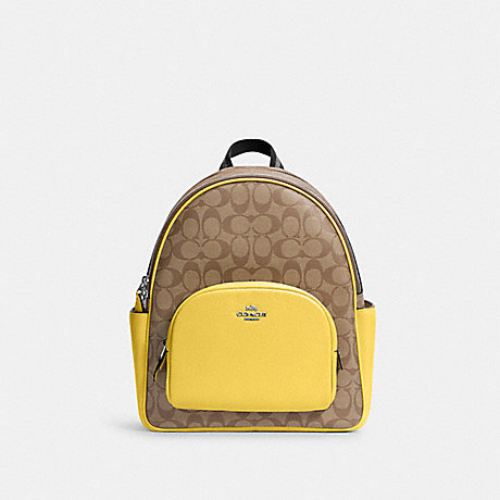 COACH 5671 Court Backpack In Signature Canvas Silver/Khaki/Retro Yellow