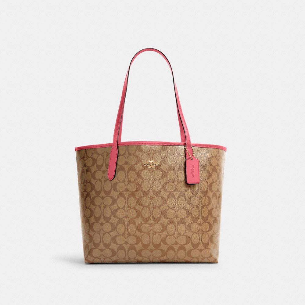 CITY TOTE IN SIGNATURE CANVAS - 5696 - IM/KHAKI/FUCHSIA