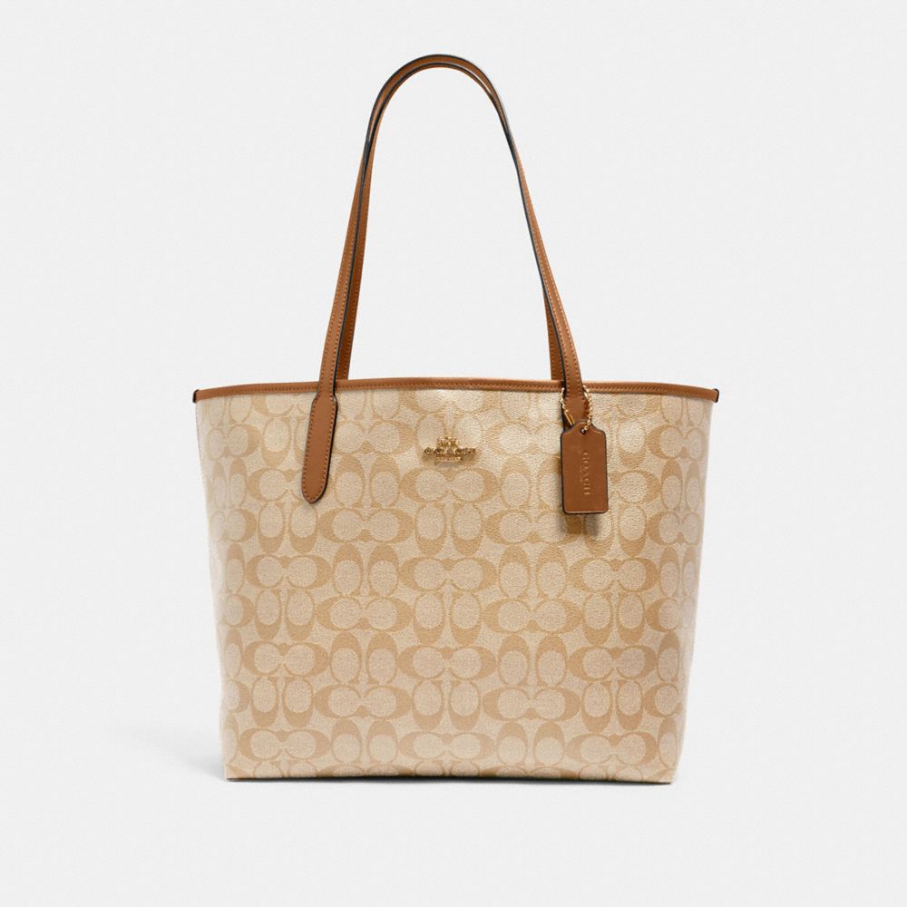 City Tote In Signature Canvas - 5696 - Gold/Lt Khaki/Lt Saddle