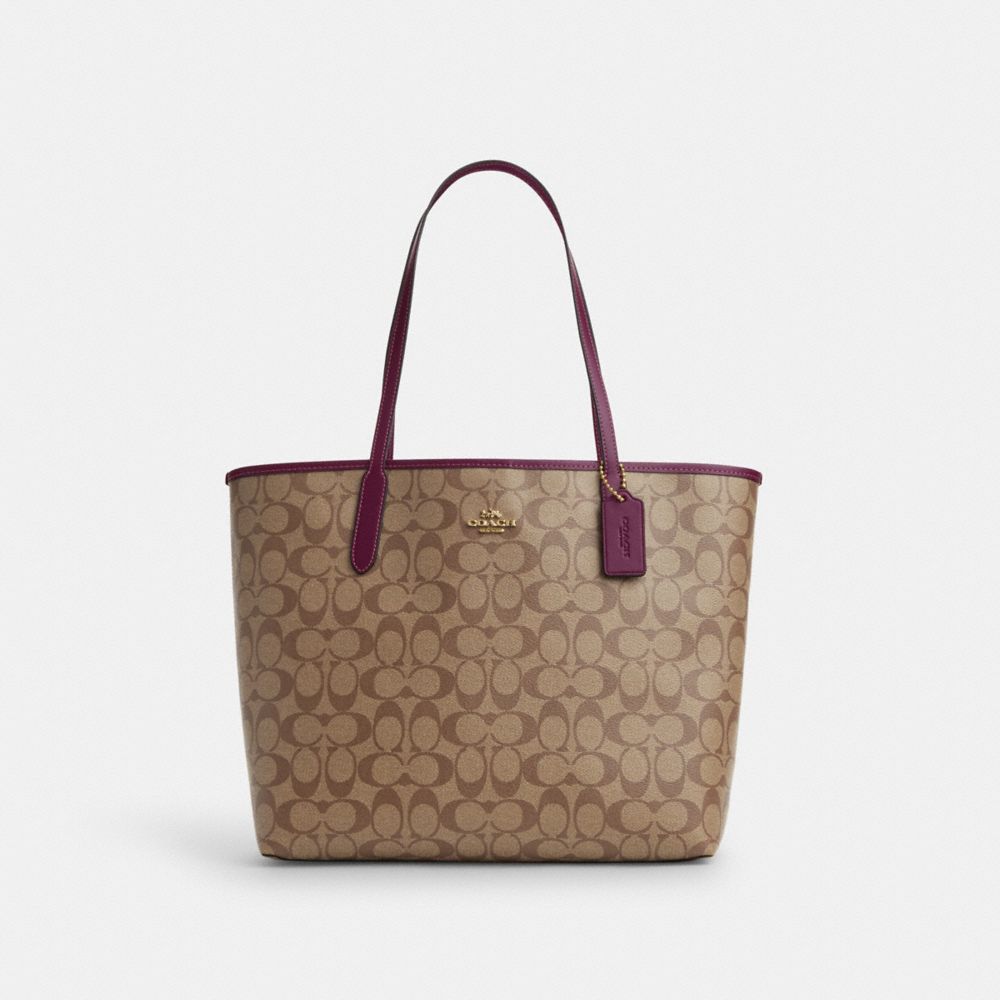 City Tote In Signature Canvas - 5696 - Gold/Khaki/Deep Berry