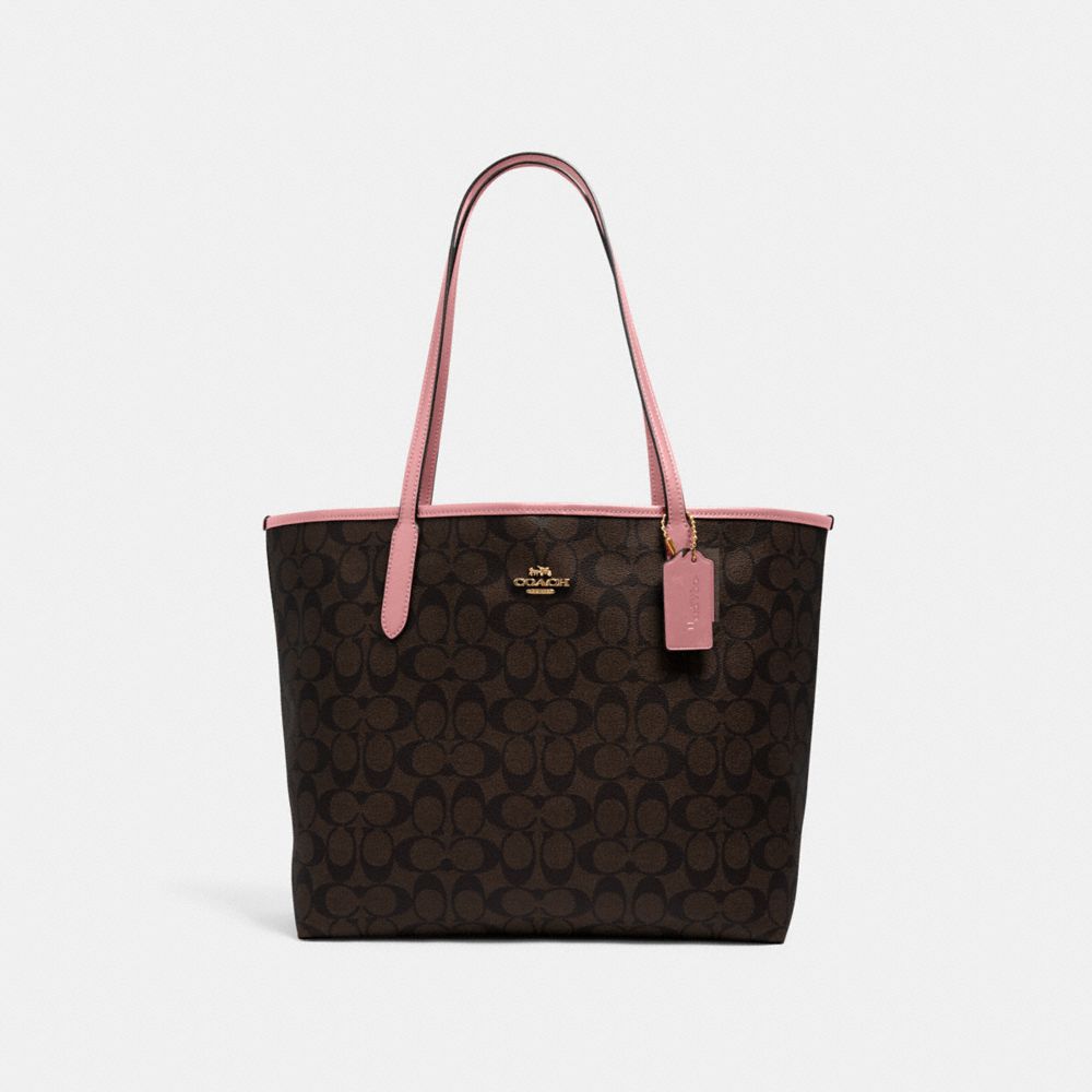 City Tote In Signature Canvas - 5696 - GOLD/BROWN/TRUE PINK