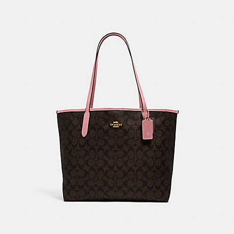 COACH City Tote In Signature Canvas - GOLD/BROWN/TRUE PINK - 5696