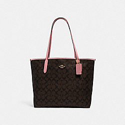 City Tote In Signature Canvas - 5696 - GOLD/BROWN/TRUE PINK