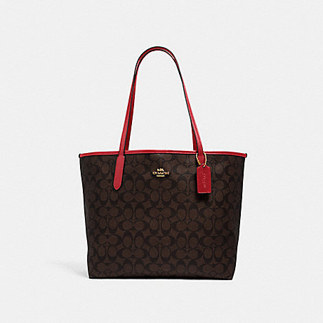 COACH City Tote In Signature Canvas - GOLD/BROWN 1941 RED - 5696