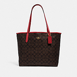 COACH City Tote In Signature Canvas - GOLD/BROWN 1941 RED - 5696