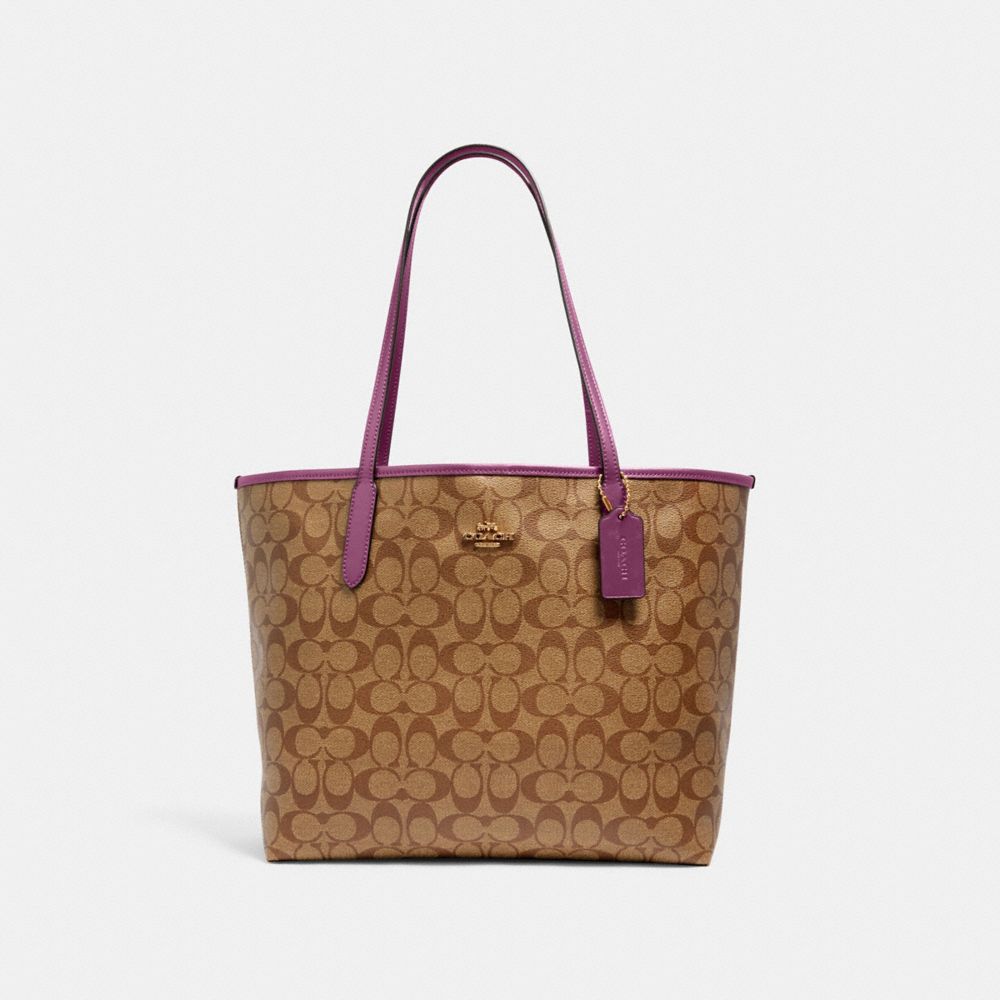 CITY TOTE IN SIGNATURE CANVAS - 5696 - IM/KHAKI/LILAC BERRY