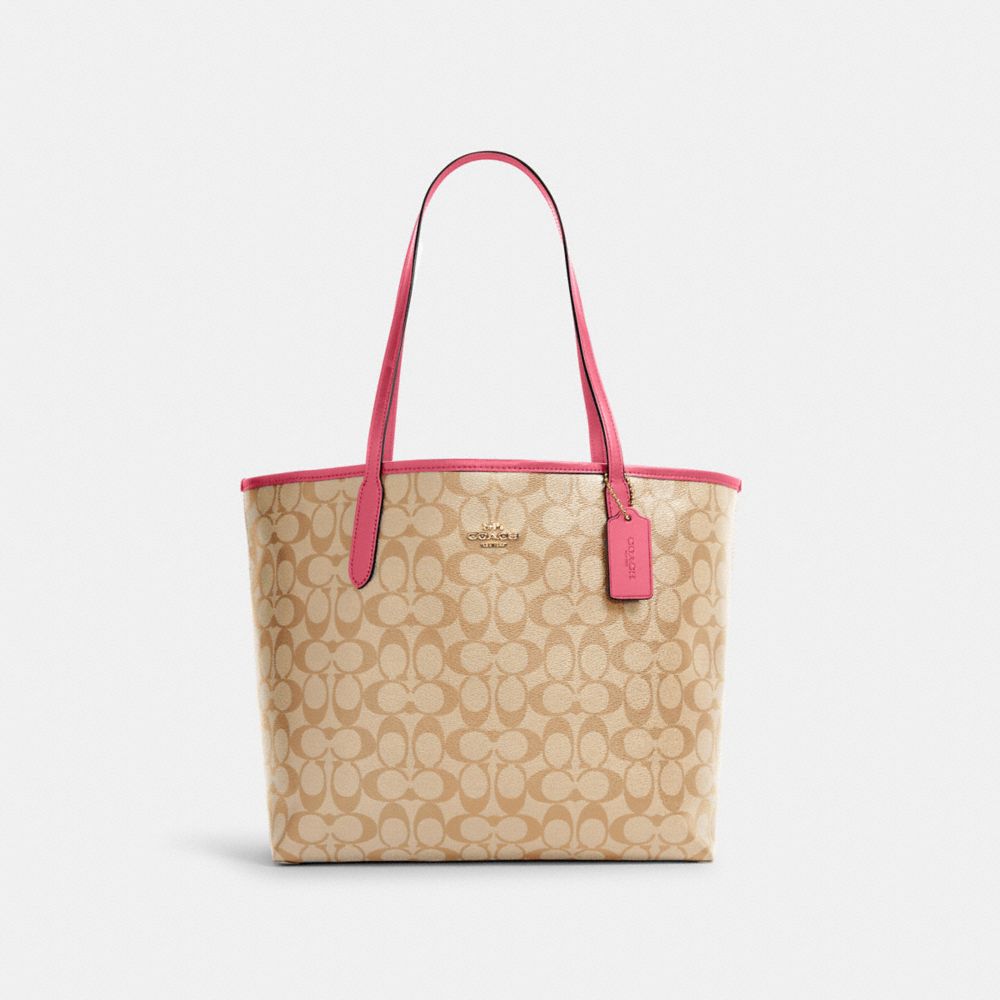 COACH 5696 CITY TOTE IN SIGNATURE CANVAS IM/LIGHT KHAKI/CONFETTI PINK