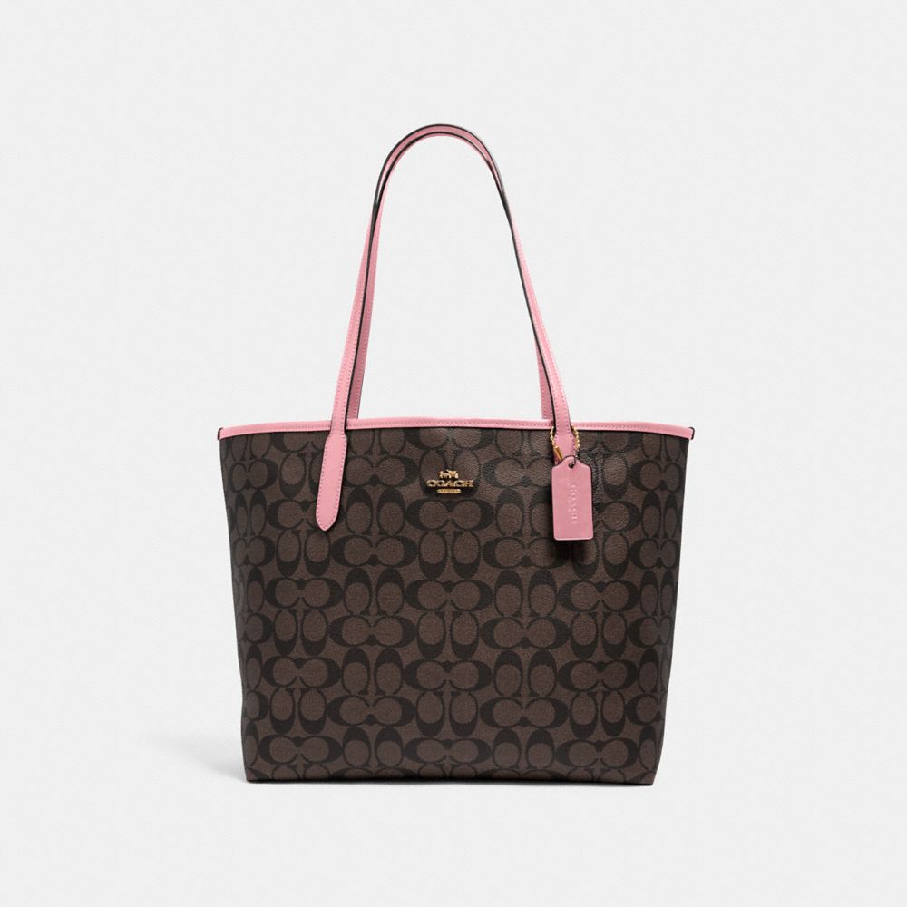 City Tote In Signature Canvas - GOLD/BROWN SHELL PINK - COACH 5696