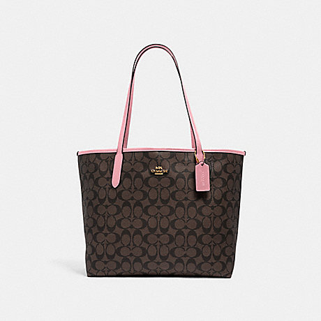 COACH City Tote In Signature Canvas - GOLD/BROWN SHELL PINK - 5696