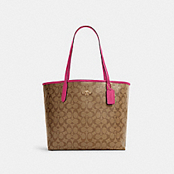 City Tote In Signature Canvas - 5696 - GOLD/KHAKI/BOLD PINK
