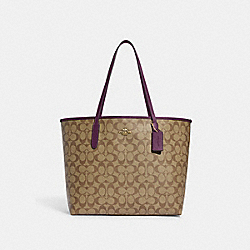 COACH 5696 City Tote In Signature Canvas IM/KHAKI/BOYSENBERRY