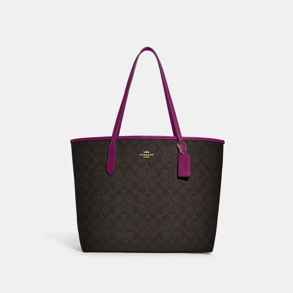 COACH 5696 City Tote In Signature Canvas IM/Brown/Dark Magenta