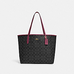 COACH 5696 City Tote In Signature Canvas IM/GRAPHITE/BLACK CHERRY