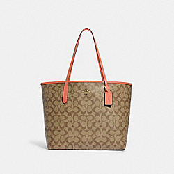 COACH 5696 City Tote In Signature Canvas IM/KHAKI/LIGHT CORAL