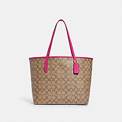 COACH 5696 City Tote In Signature Canvas IM/KHAKI/CERISE