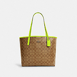 CITY TOTE IN SIGNATURE CANVAS - 5696 - QB/KHAKI/GLO LIME