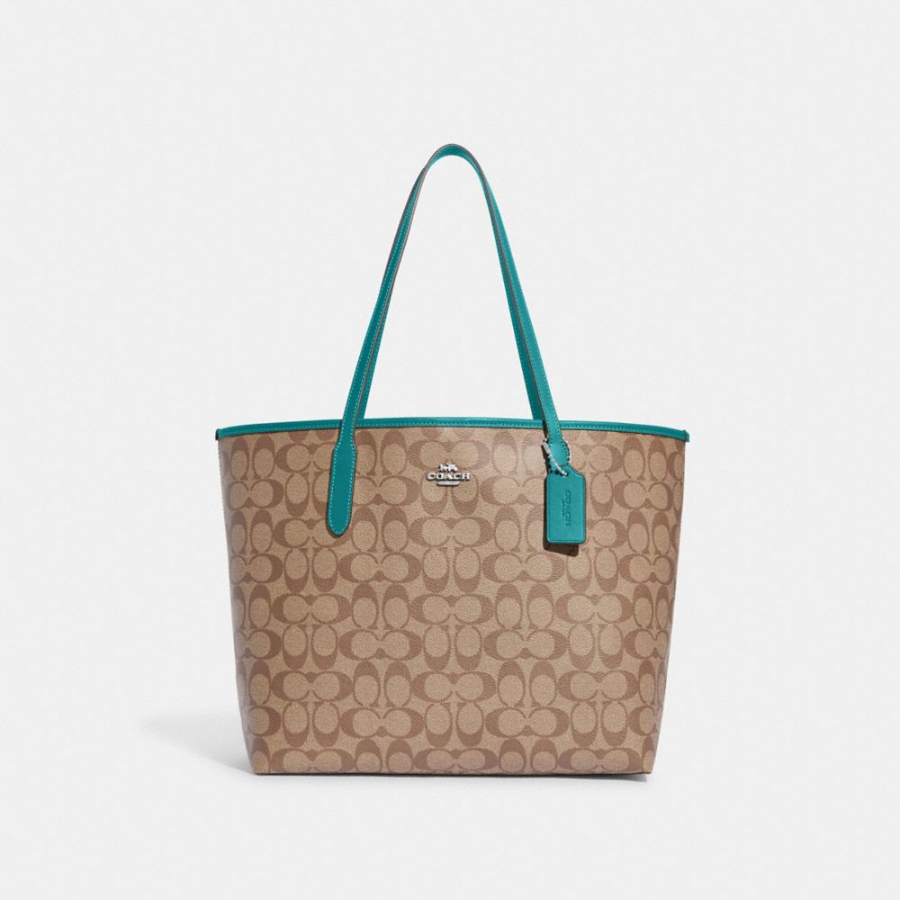 City Tote In Signature Canvas - 5696 - Silver/Khaki/Teal