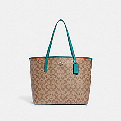 City Tote In Signature Canvas - 5696 - Silver/Khaki/Teal