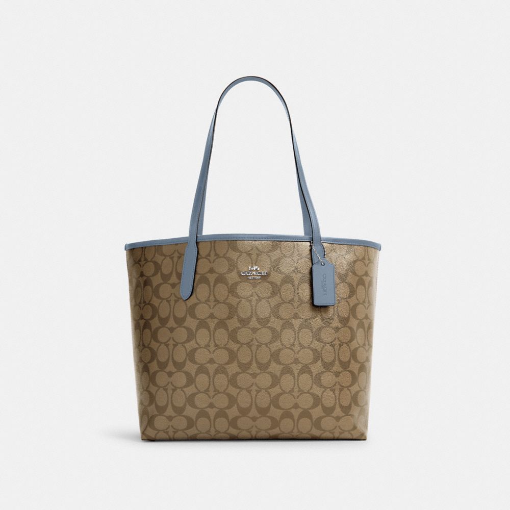 City Tote In Signature Canvas - SILVER/KHAKI/MARBLE BLUE - COACH 5696