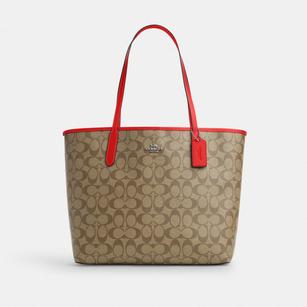 City Tote Bag In Signature Canvas - 5696 - Silver/Khaki/Miami Red