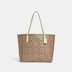 City Tote In Signature Canvas - 5696 - Silver/Khaki/Pale Lime