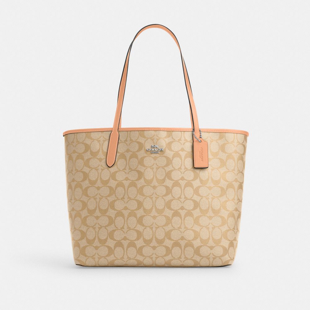 COACH 5696 City Tote Bag In Signature Canvas SV/LIGHT KHAKI/FADED BLUSH