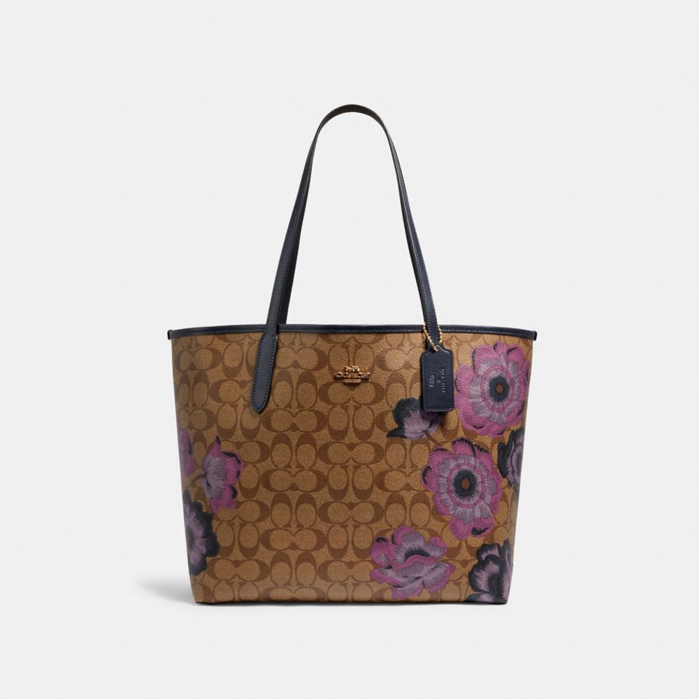 CITY TOTE IN SIGNATURE CANVAS WITH KAFFE FASSETT PRINT - 5697 - IM/KHAKI PURPLE MULTI/OXBLOOD