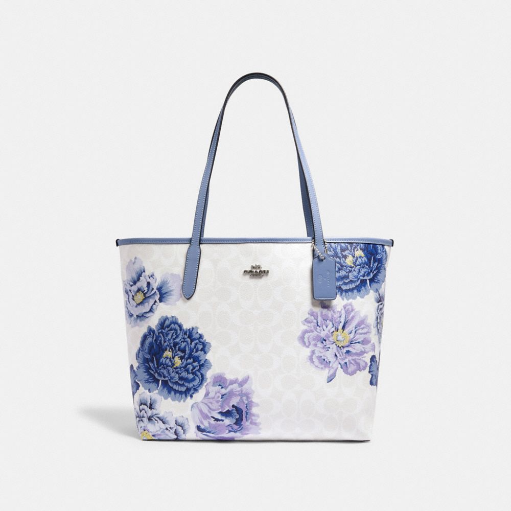 CITY TOTE IN SIGNATURE CANVAS WITH KAFFE FASSETT PRINT - 5698 - SV/CHALK MULTI/PERIWINKLES