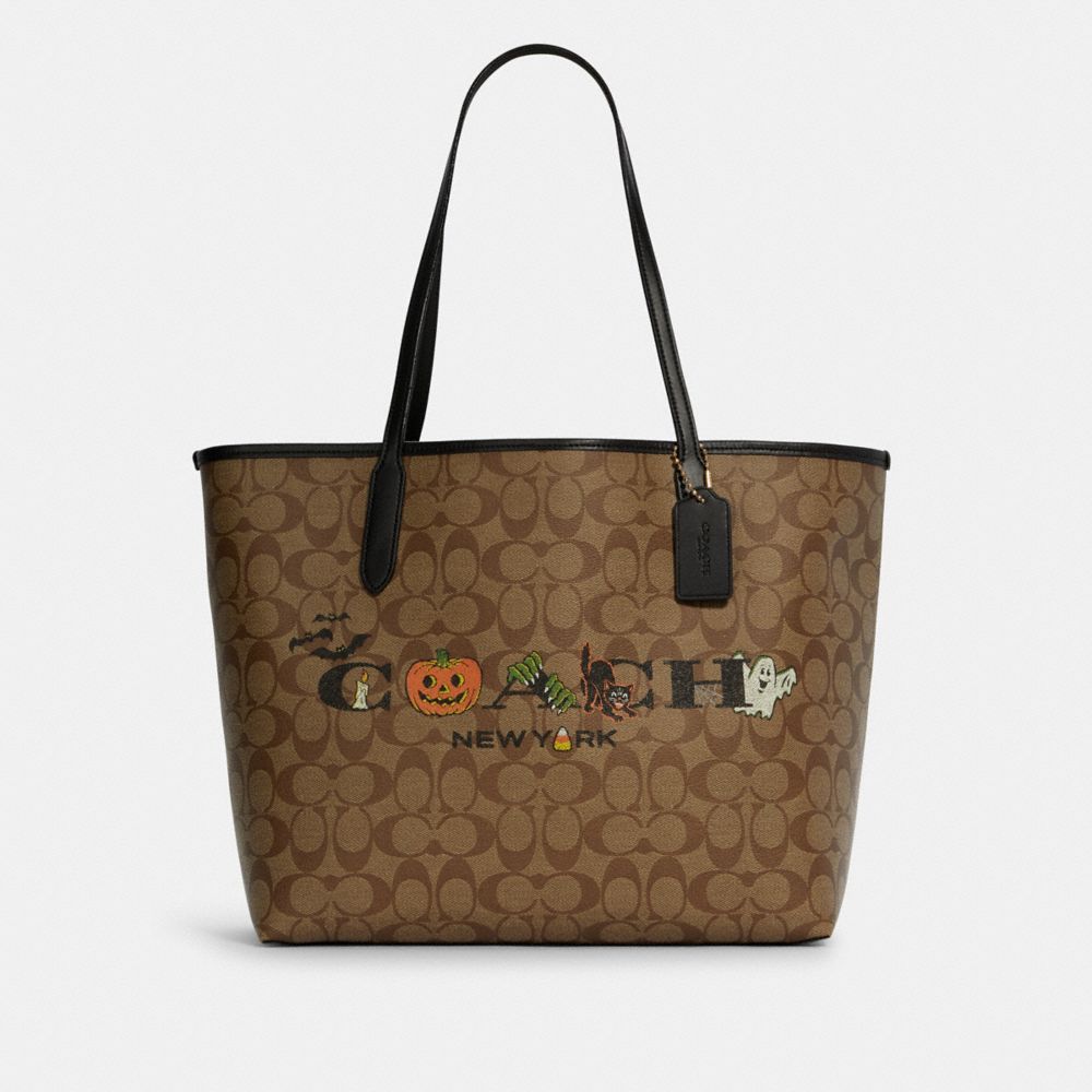City Tote In Signature Canvas With Halloween - 5714 - GOLD/KHAKI MULTI BLACK