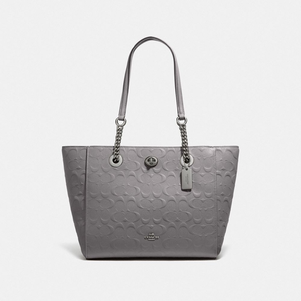 TURNLOCK CHAIN TOTE 27 IN SIGNATURE LEATHER - 57732I - DK/HEATHER GREY