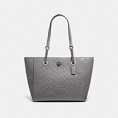 COACH 57732I TURNLOCK CHAIN TOTE 27 IN SIGNATURE LEATHER DK/HEATHER GREY