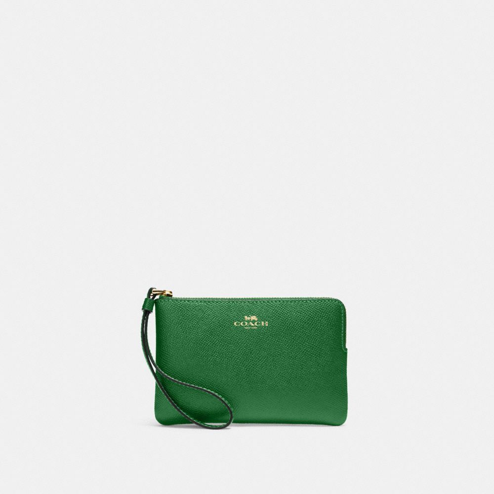 COACH 58032 Corner Zip Wristlet Gold/KELLY GREEN