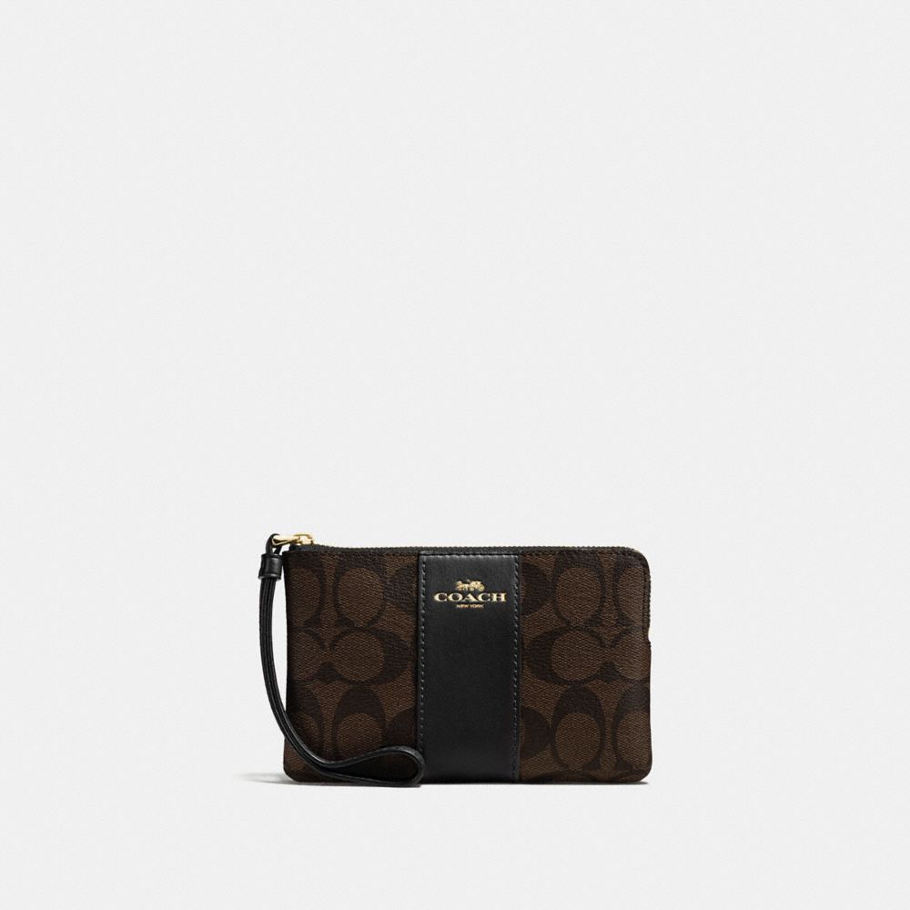 COACH 58035 Corner Zip Wristlet In Signature Canvas GOLD/BROWN BLACK