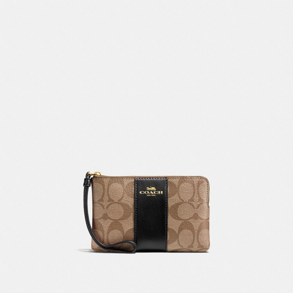 COACH 58035 Corner Zip Wristlet In Signature Canvas Gold/Khaki/Black