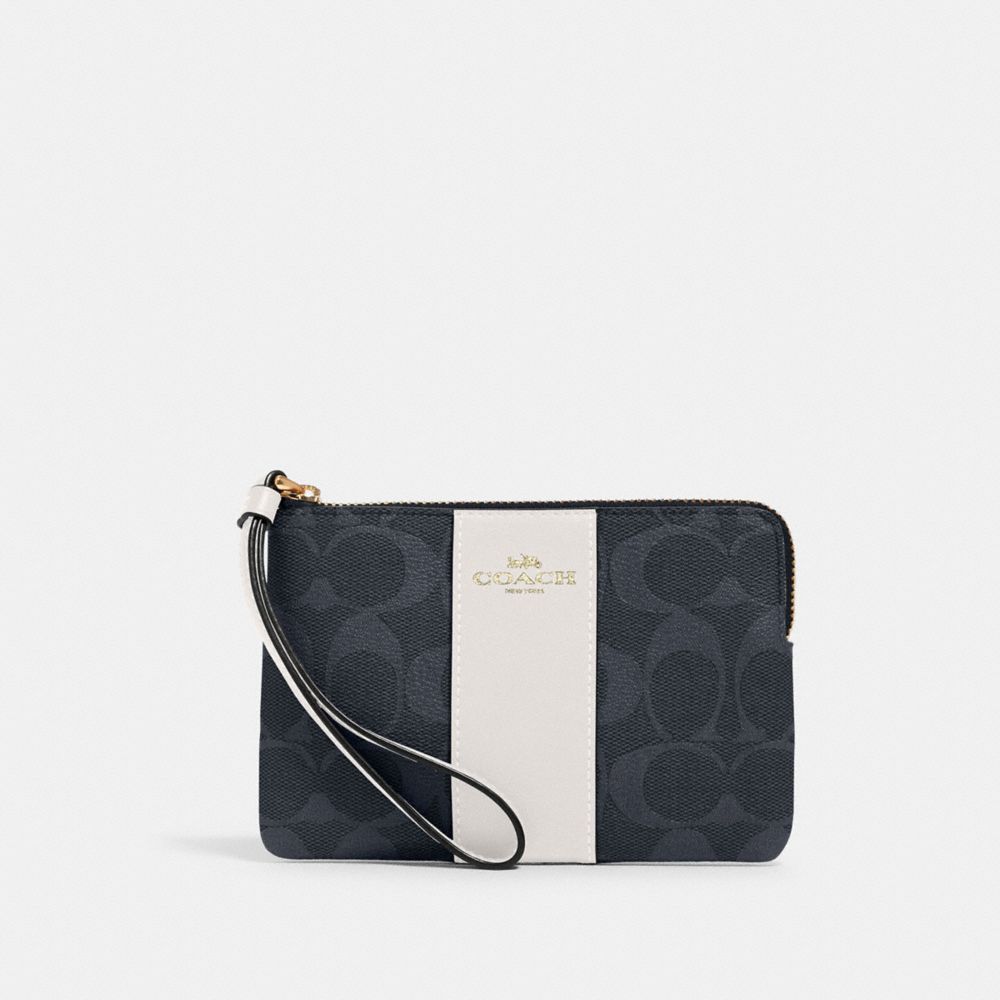 Corner Zip Wristlet In Signature Canvas - 58035 - Gold/DENIM MULTI