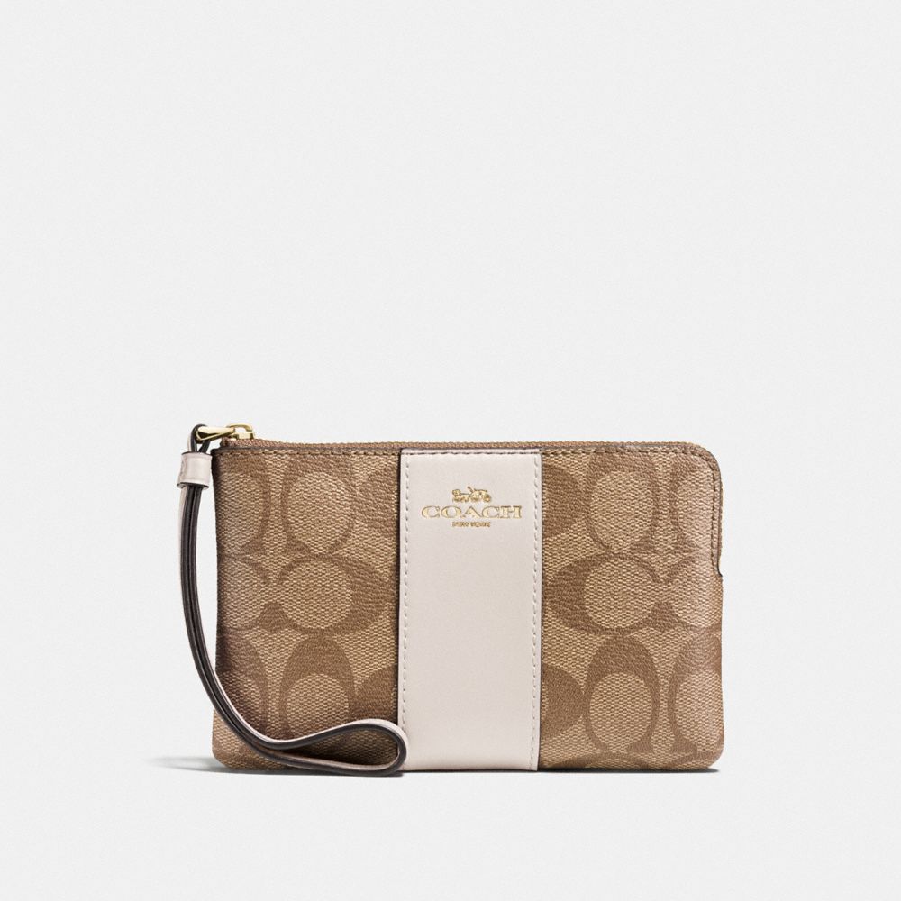 COACH 58035 Corner Zip Wristlet In Signature Canvas Gold/KHAKI/CHALK