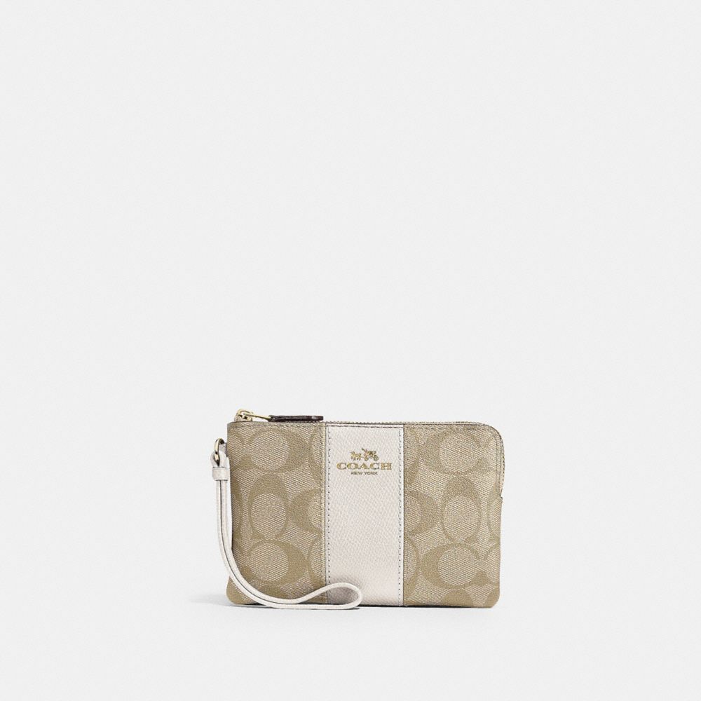 COACH 58035 Corner Zip Wristlet In Signature Canvas GOLD/LIGHT KHAKI CHALK