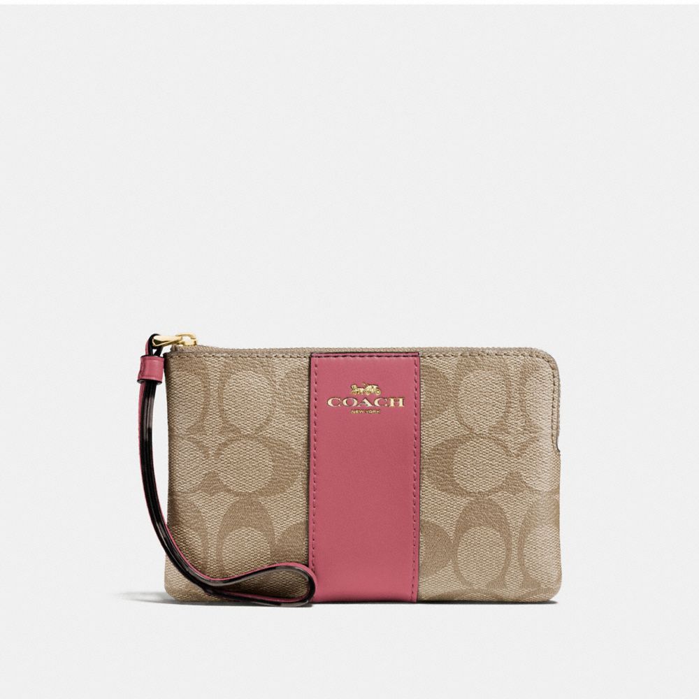 Corner Zip Wristlet In Signature Canvas - 58035 - Gold/Light Khaki Rouge