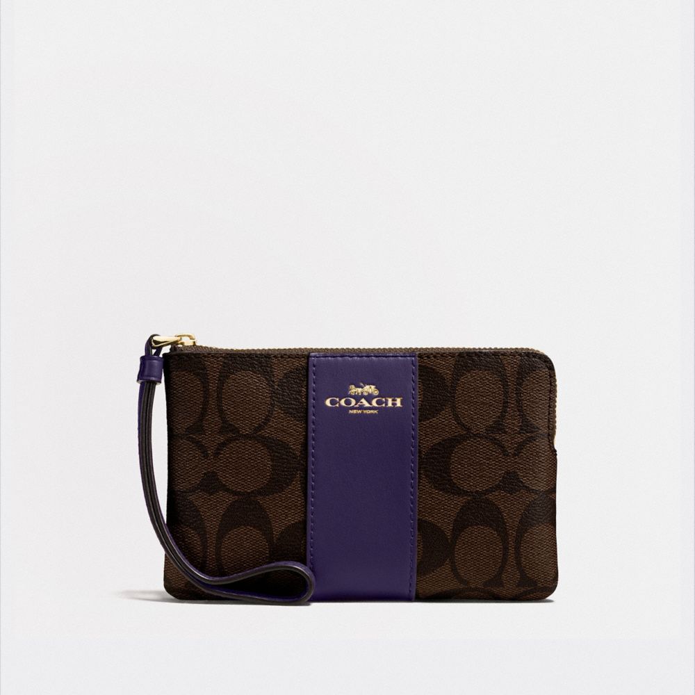 COACH 58035 Corner Zip Wristlet In Signature Canvas GOLD/BROWN DARK PURPLE