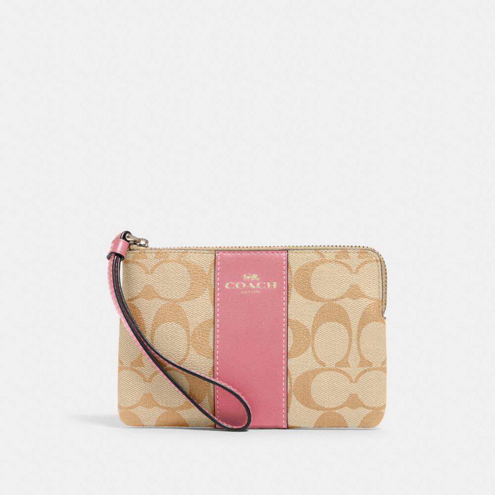 COACH 58035 Corner Zip Wristlet In Signature Canvas IM/LIGHT KHAKI ROSE