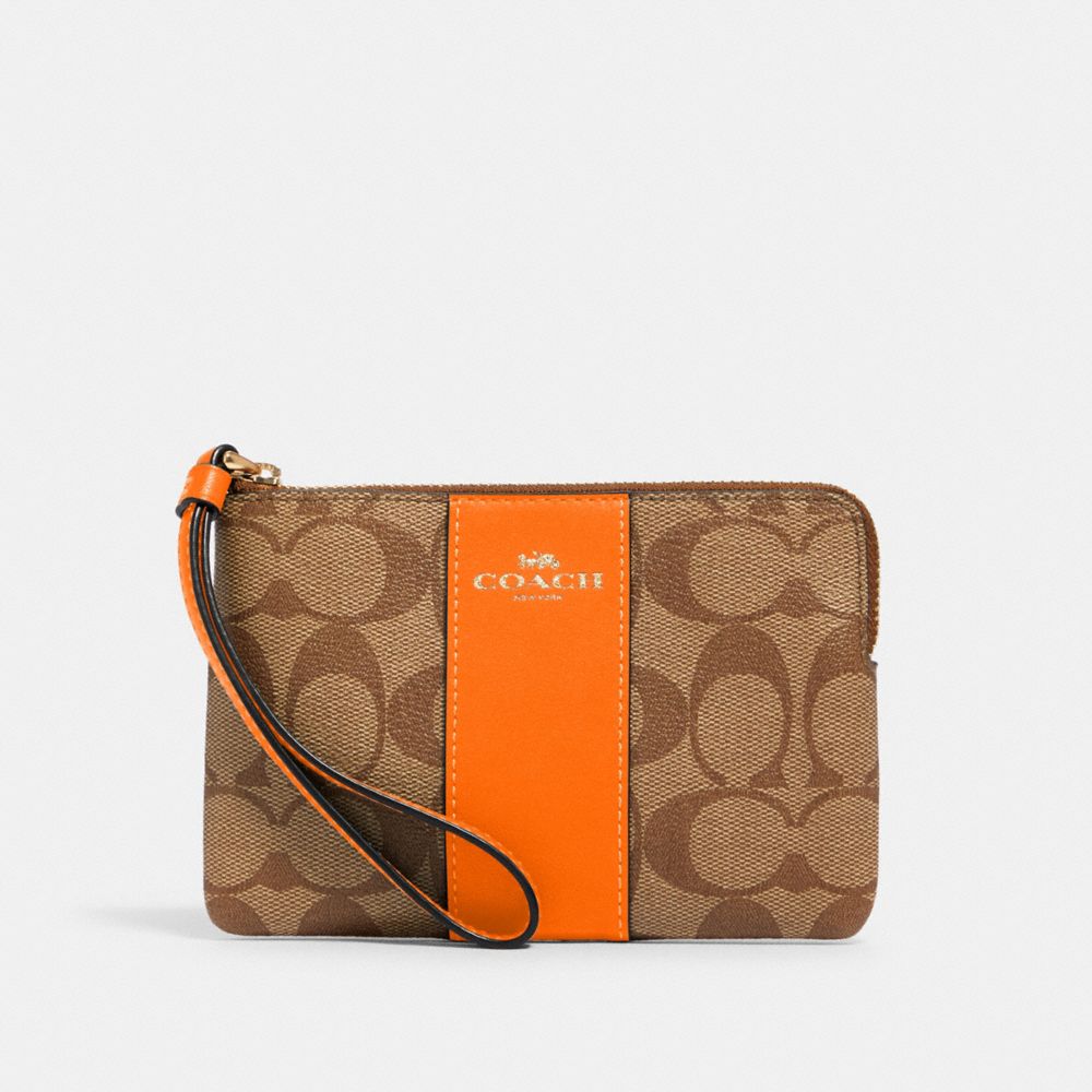 CORNER ZIP WRISTLET IN SIGNATURE CANVAS - 58035 - IM/KHAKI/FLUORESCENT ORANGE