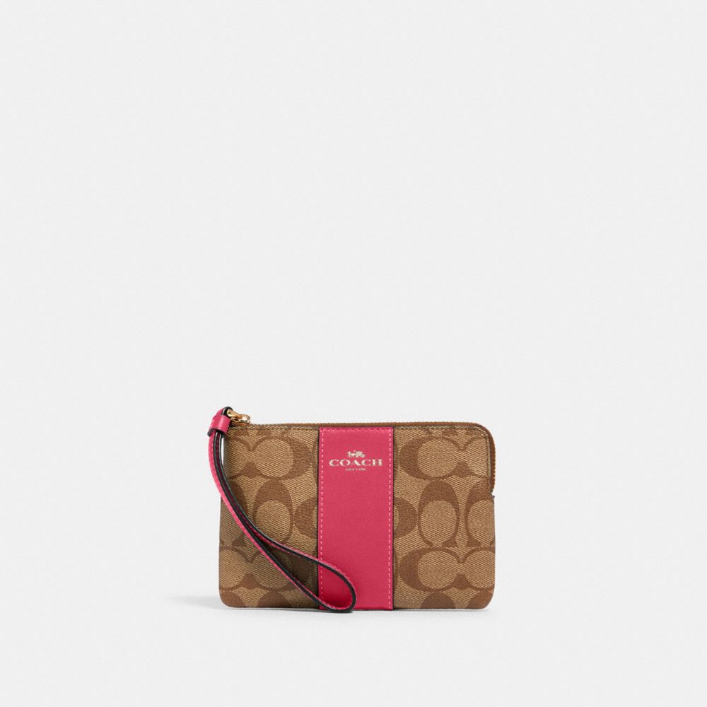 Corner Zip Wristlet In Signature Canvas - GOLD/KHAKI/BOLD PINK - COACH 58035