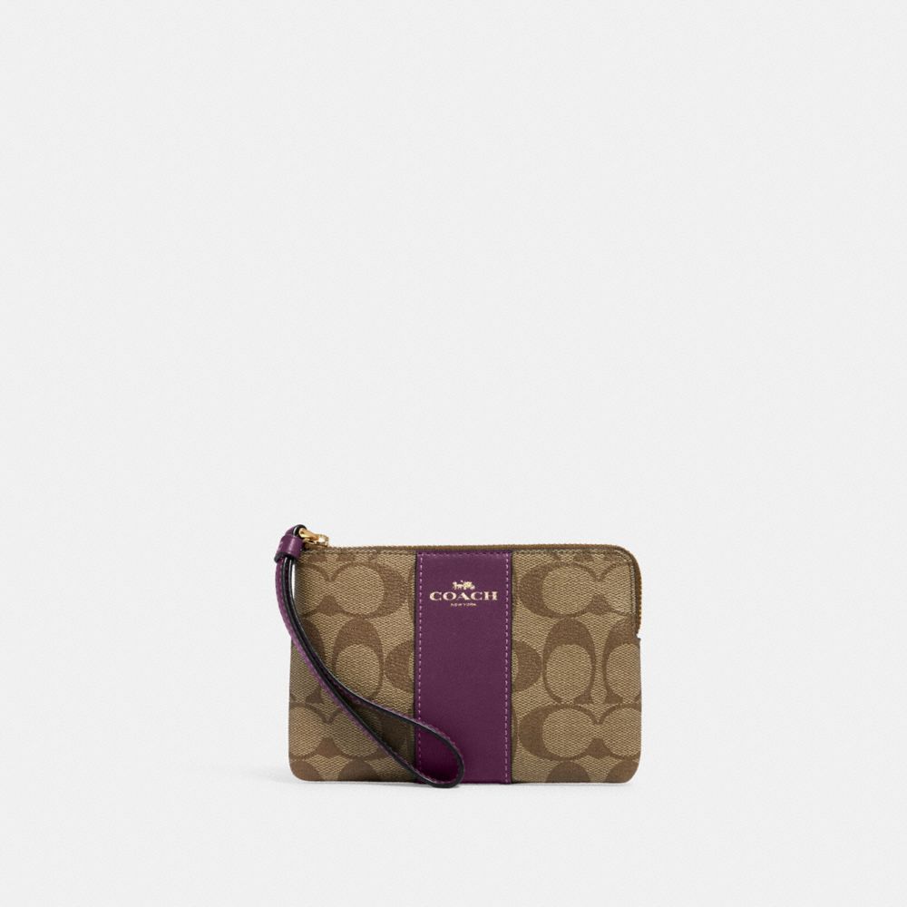 Corner Zip Wristlet In Signature Canvas - 58035 - IM/Khaki/Boysenberry