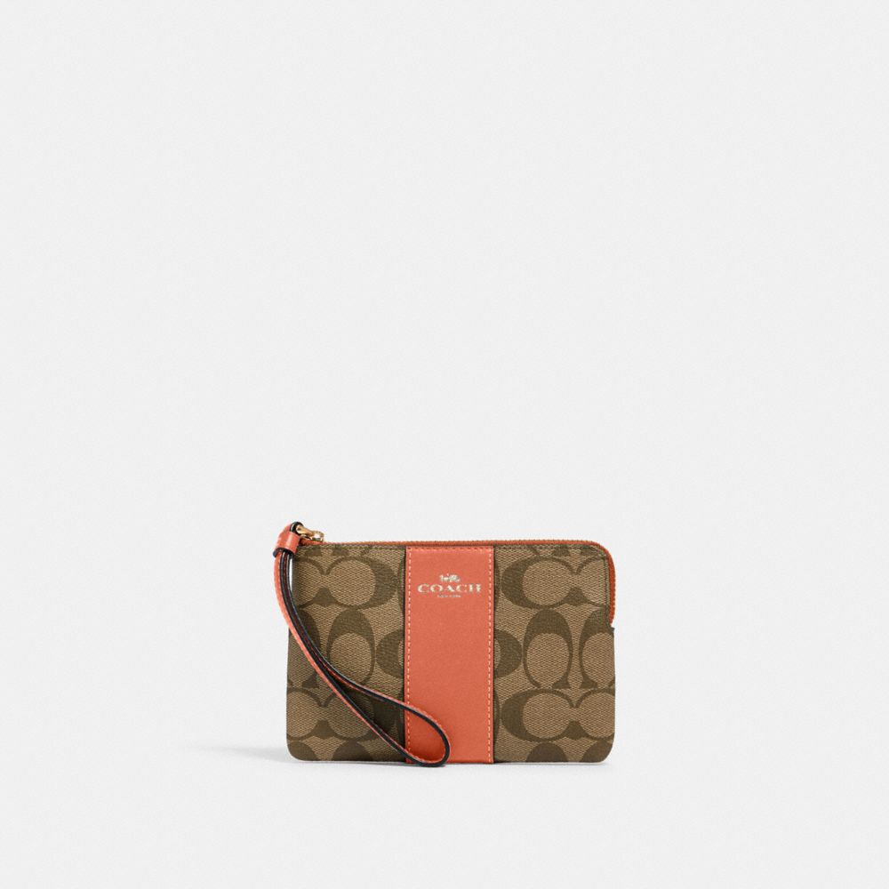 Corner Zip Wristlet In Signature Canvas - 58035 - Im/Khaki/Light Coral