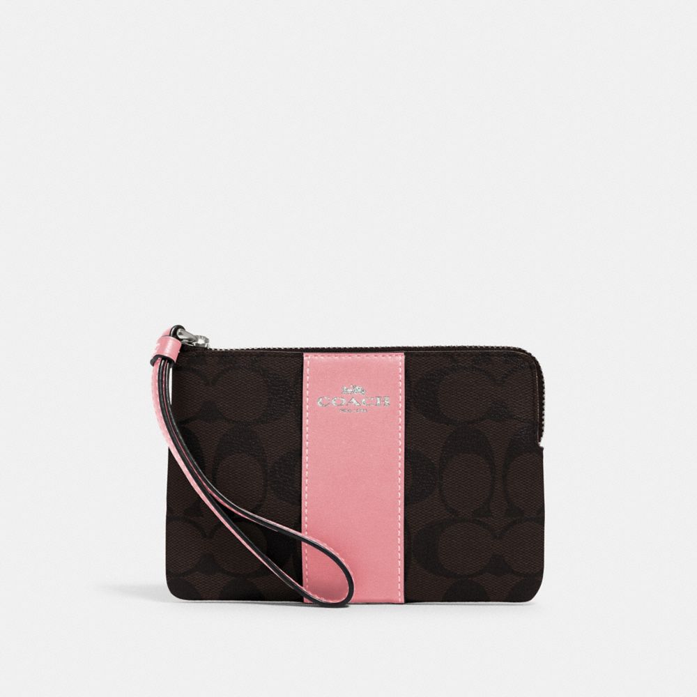 CORNER ZIP WRISTLET IN SIGNATURE CANVAS - 58035 - QB/BROWN PINK LEMONADE