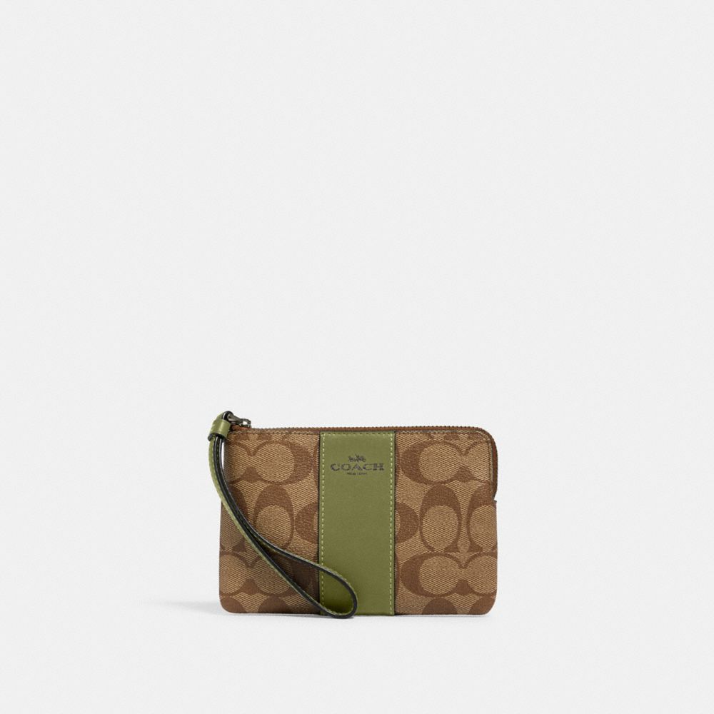 Corner Zip Wristlet In Signature Canvas - 58035 - QB/Khaki/Olive Green