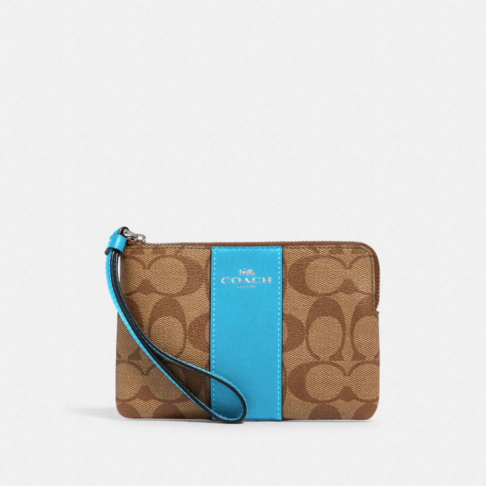 COACH 58035 Corner Zip Wristlet In Signature Canvas SV/KHAKI/AQUA